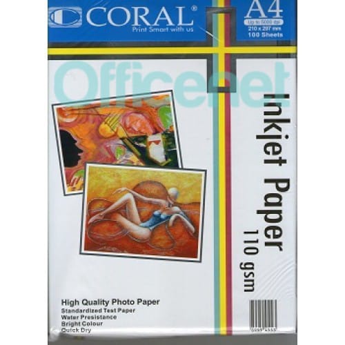 CORAL INKJET PAPER A4-110 Gr (Pack=100 Sheet)