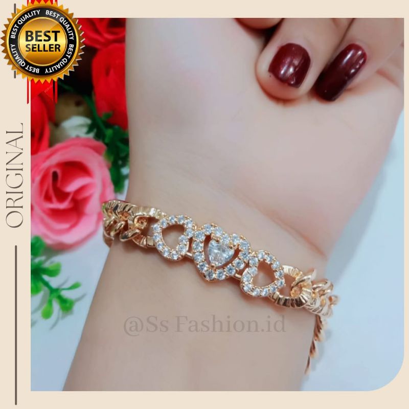 Gelang rantai motif love permata zircon anti karat anti luntur