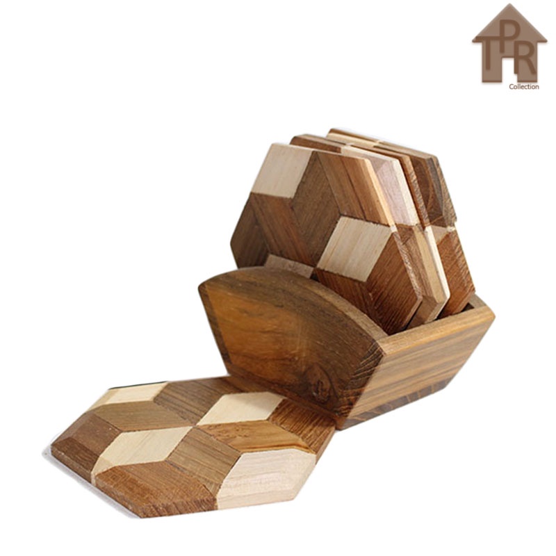 Kayu | Coaster / tatakan gelas / tatakan mug /  tatakan 3D set 6pcs - D9