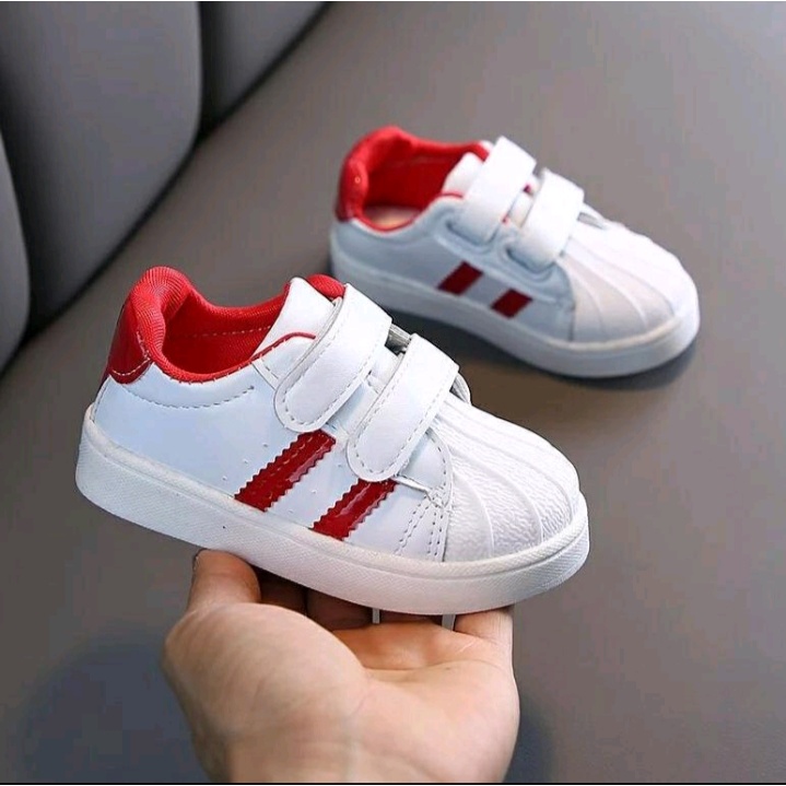 Sepatu Sneakers Anak Perempuan/Laki-Laki Velcro Casual Flat 2 Terbaru Dan Trendi Umur 1 - 10 Tahun - Merah