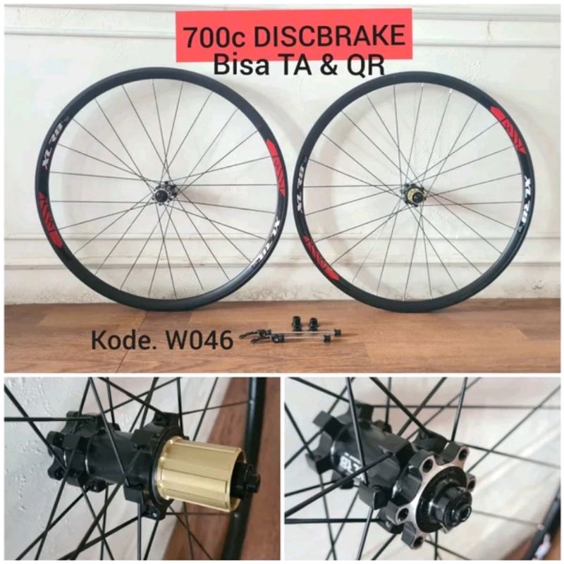 Wheelset Sepeda Roda XLR8 700c Black red Roadbike Discbrake Bisa TA &amp; QR Wheel set Road Bike Disc Brake Balap roadbike hybrid cyclo cross Gravel