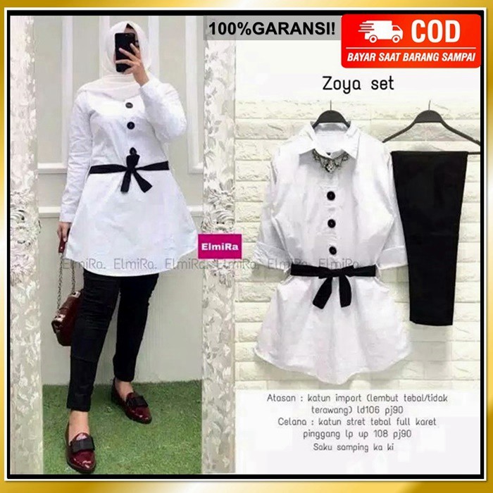 One Set Zoya Setelan Baju Dan Celana Katun Wanita Sultan Kekinian Import Muslim Murah