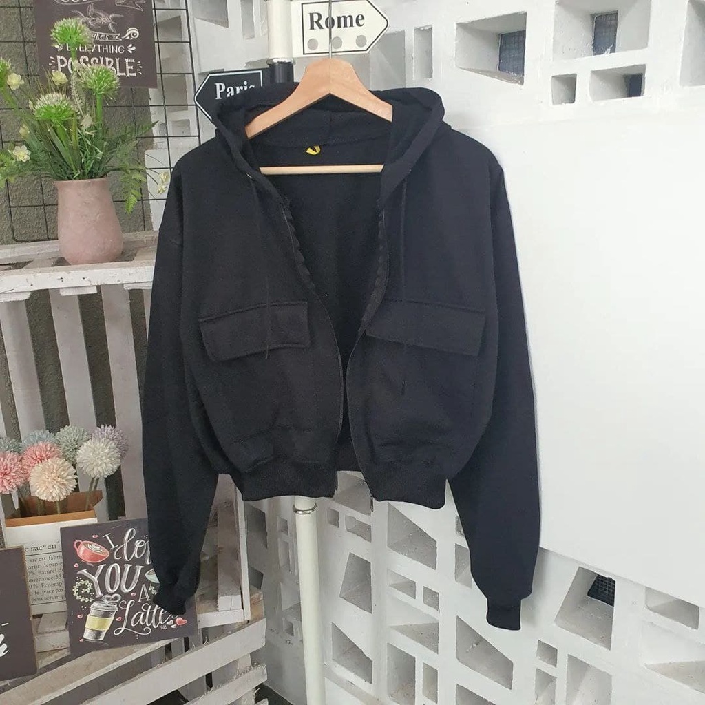 Nara Grosir - Zarra Crop Hodie l Jaket Polos Wanita