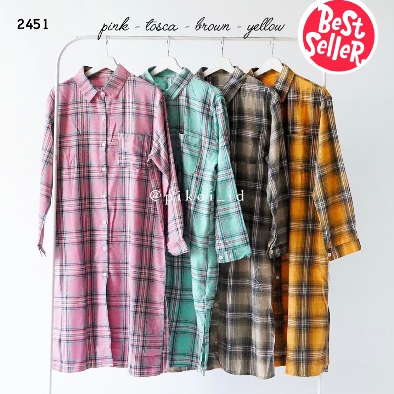 Dress flanel murah / dress kotak kotak lengan panjang / dress korea oversize long outer flanel 2451