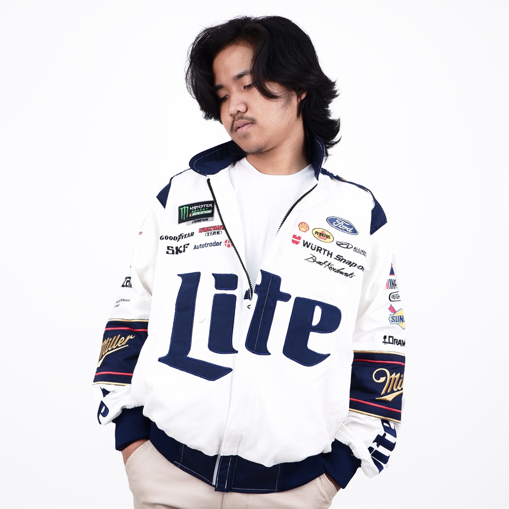 NASCAR JACKET VINTAGE MILLER LITE PUTIH WHITE CHASE AUTHENTICS ORIGINAL MIRROR 1:1 FULL BORDIR