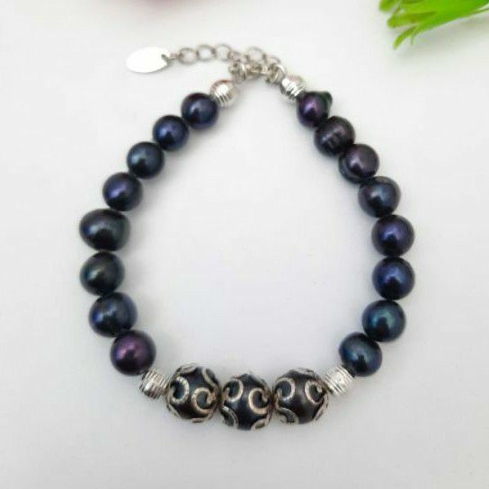 BRACELET MUTIARA AIR TAWAR LOMBOK ASLI WARNA HITAM