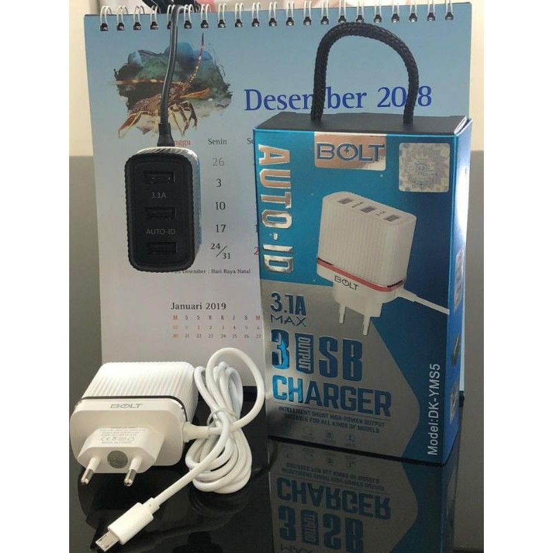 Charger BOLT AUTO - ID 3.1A Micro Usb Fast Charging 3 Output Usb Premium Quality