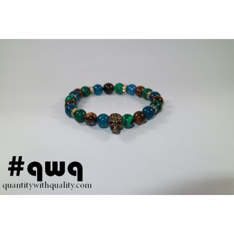 Gelang Batu tengkorak keren (blue agate TIGER EYE MALACHITE) - SKULL