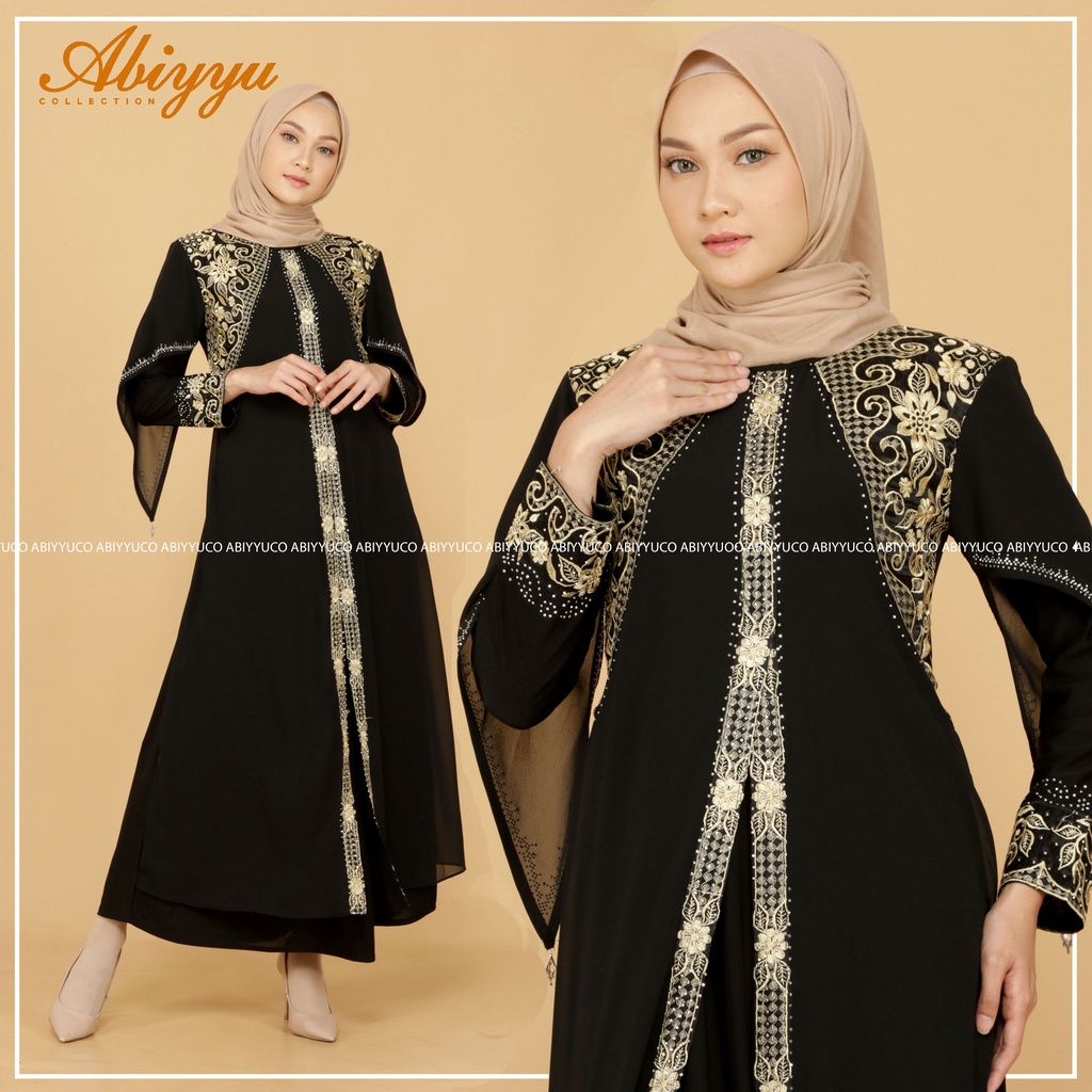 Abiyyuco TA9012 | Abaya Turkey / Abaya Turki / Abaya Hitam / Abaya Warna / Abaya Jersey mix Ceruty, dengan aplikasi bordir renda dan mote swarovsky, ready warna hitam, maroon, hijau botol, navy, coklat, biru toska, lemon, dan kuning kunyit