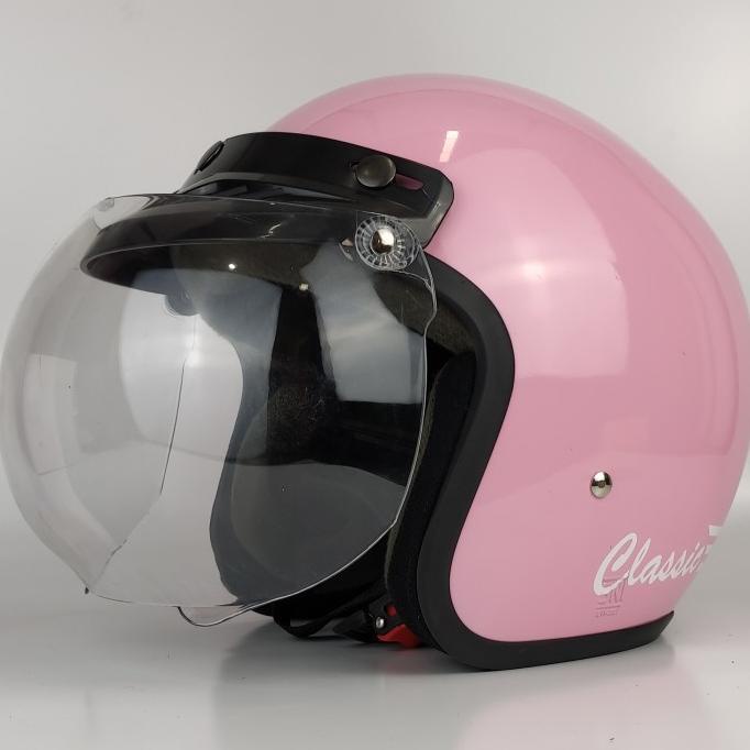 Helm Bogo Wanita Polos Warna Pink Pastel Kaca Cembung Bening Kiarakilarasati