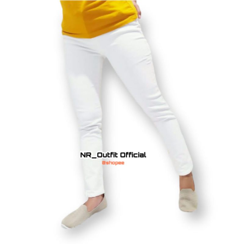 Celana Legging Saya Putih Jumbo M-L8 Bahan Soft Jeans Import Tebal Super Stretch Tregging Panjang Lejing Full Karet