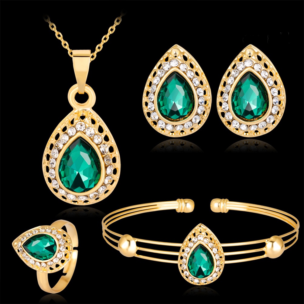 OW@ Women Retro Water Drop Gold Plated Jewelry Set Necklace Bracelet Earrings Ring