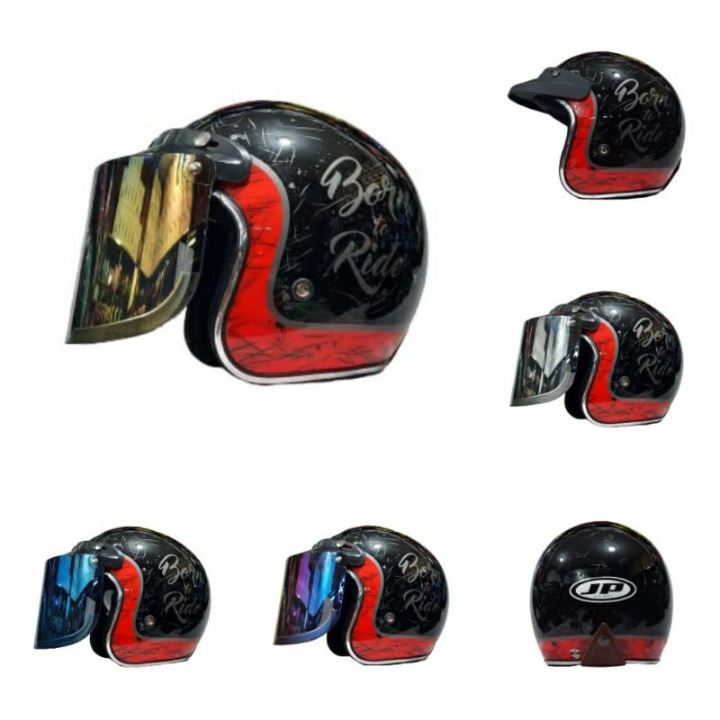 Helm Bogo Retro JP New Bigie Motif Born To Road Hitam List Chrome Plus Visor By JPX Helmet