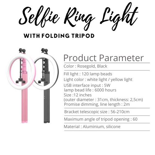 [TERMURAH] LED Ring Light 12 inch with Folding Tripod dengan Tripod lipat 2m - ring light rosegold