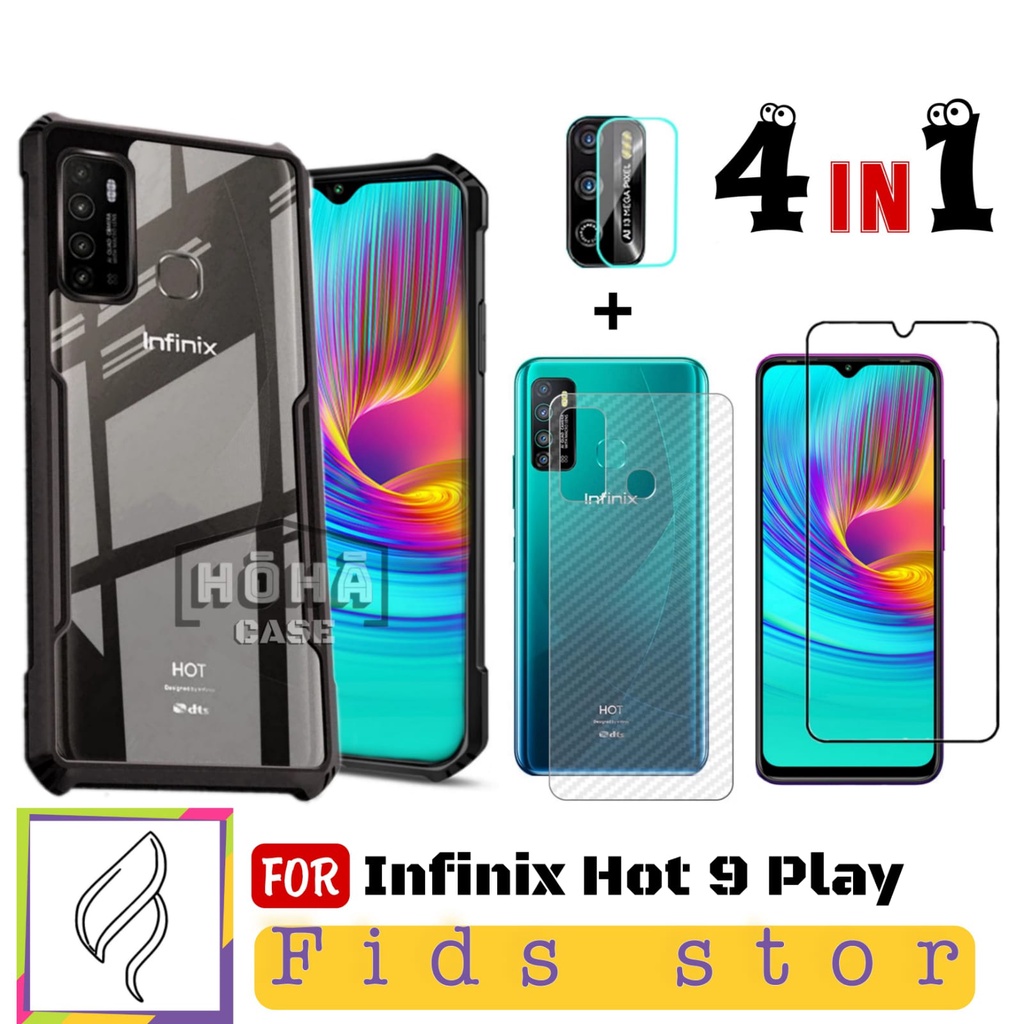 PROMO PAKET 4in1 INFINIX Hot 9 Play / HOT 9 / Hot 10 Play / Hot 11 Play Case +TEMEPERED GLASS FULL COVER BLACK + CAMERA LENS PROTEC FREE GARSKIN