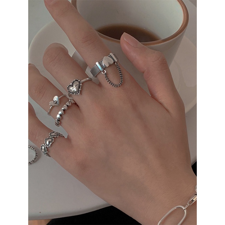 5pcs / Set Cincin Adjustable Bentuk Hati Warna Silver Gaya Punk Untuk Wanita