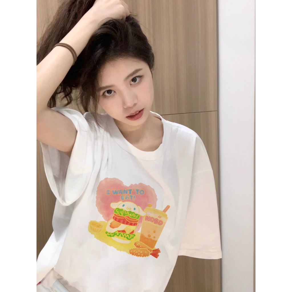 EUNII T-shirt Lengan Pendek Imut Anjing Yugui Pencetakan Longgar Korean Style /Kaos Atasan Wanita/Baju Kaus Oversize Wanita