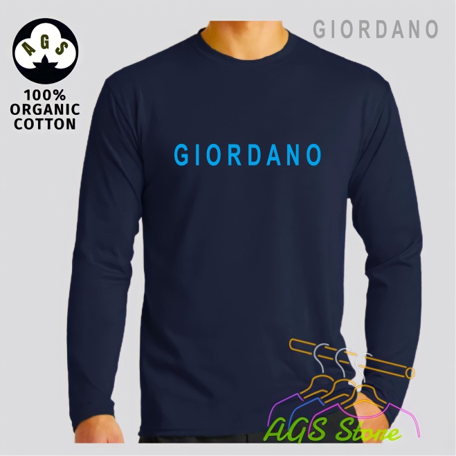 Kaos Pria & Wanita Kaos Distro Lengan Panjang Giordano Text Light Blue Premium