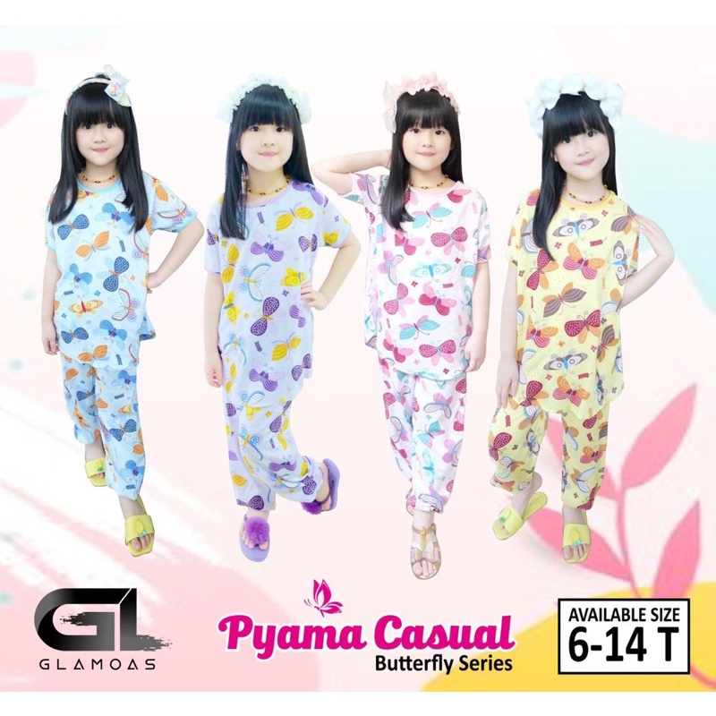 Glamoas Set Piyama Anak Perempuan - Setelan Celana Panjang Harian Rayon Usia 6 8 10 12 14 Tahun