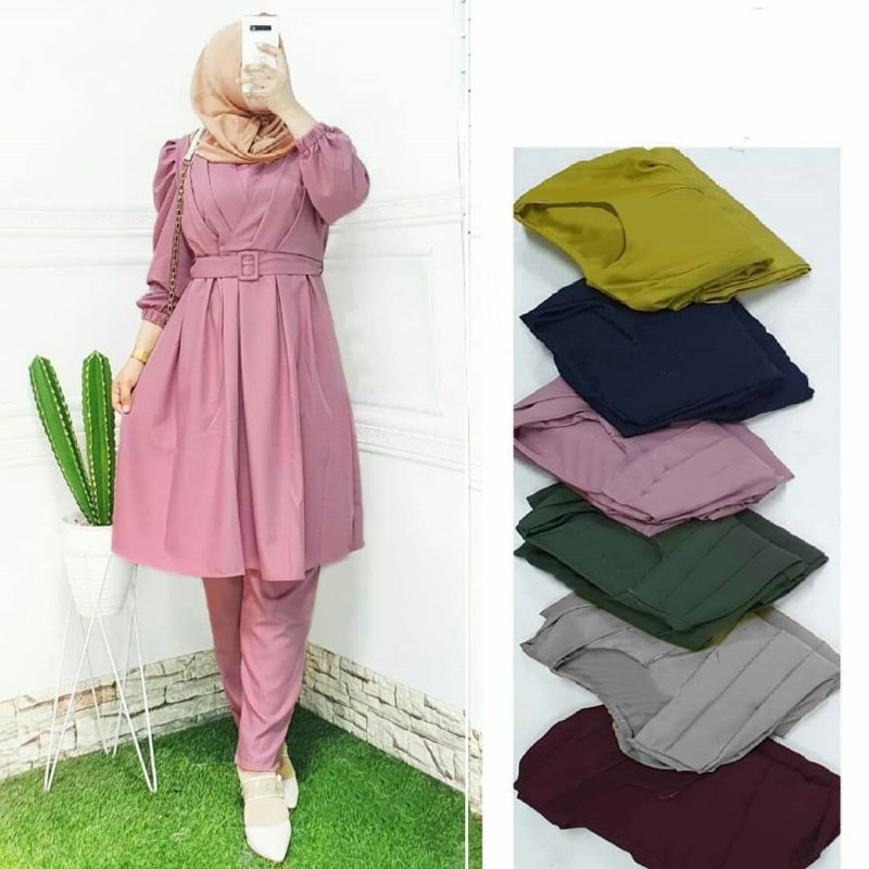 SET CELANA TUNIK FENITA, MOSCREPE PREMIUM, GAMIS HIJAB MUSLIM, SETELAN, 2 UKURAN