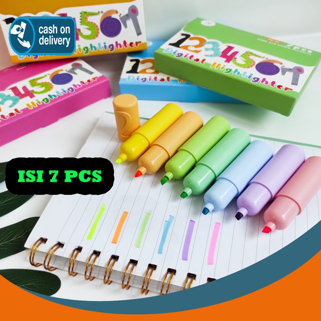 

SET HIGHLIGHTER ANGKA / NOMOR 1 BOX ISI 7 PCS WARNA WARNI SPIDOL PASTEL STABILO