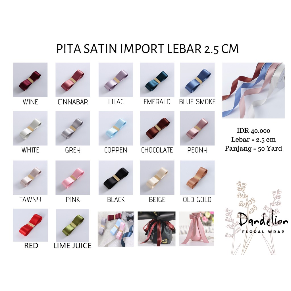 

PITA SATIN IMPORT SEDANG LEBAR 2.5CM PREMIUM (ECER PER METER) PITA KADO GIFT BOUQUET BUNGA DEKORASI