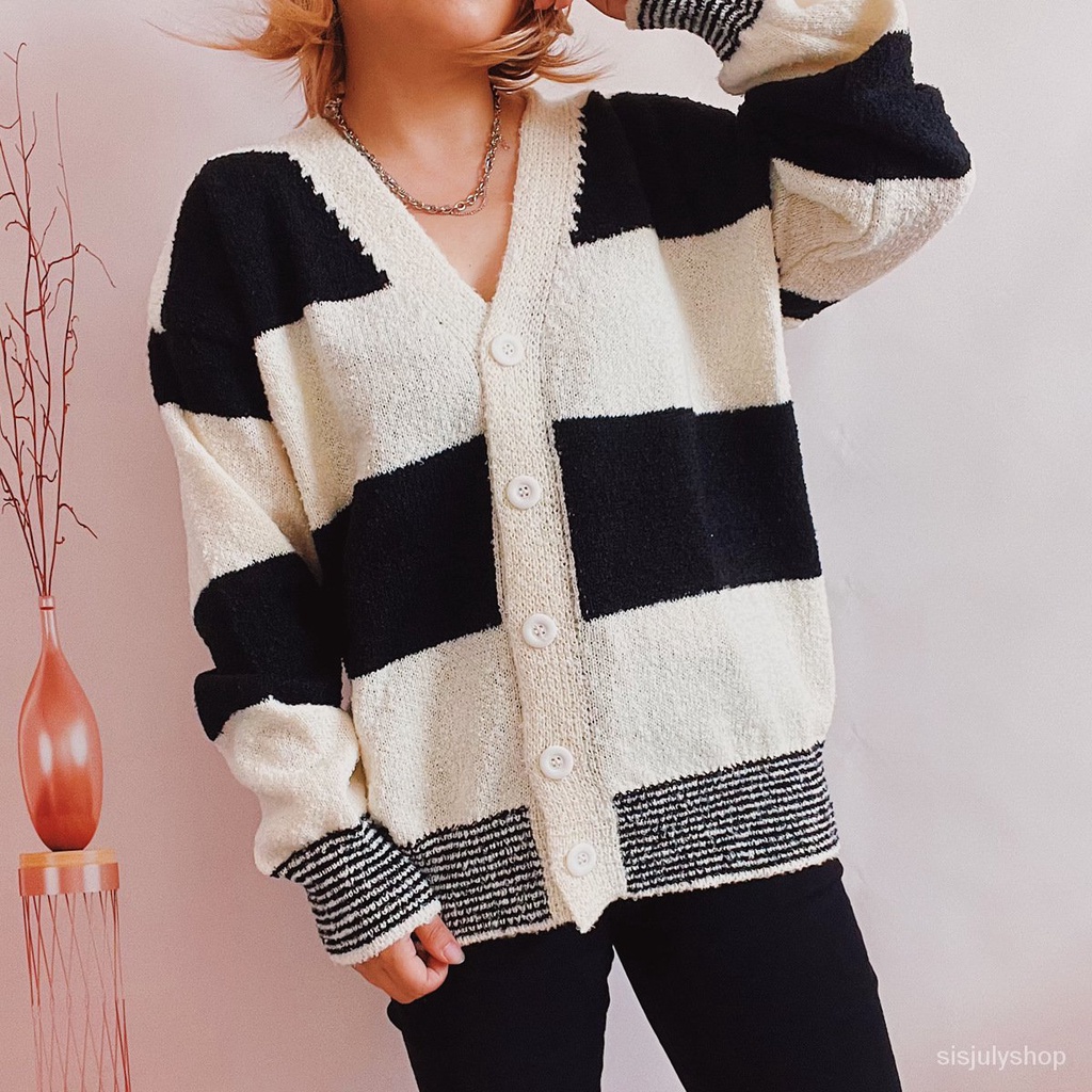 #Sisjuly# Sweater Wanita Kasual Longgar Lengan Puff Jaket Rajut Bergaris Warna Kontras Sweater Tebal