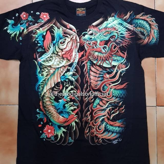 Kaos Import Rock Chang Size XL Naga Ikan Koi Full HD Glow In The Dark