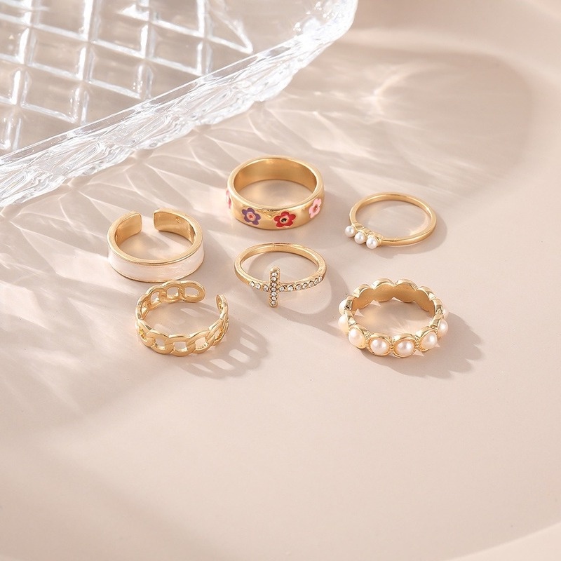 IFYOU 2021 Set Cincin Desain Kupu-Kupu Hollow Hias Kristal Mutiara Warna Emas / Silver Untuk Wanita