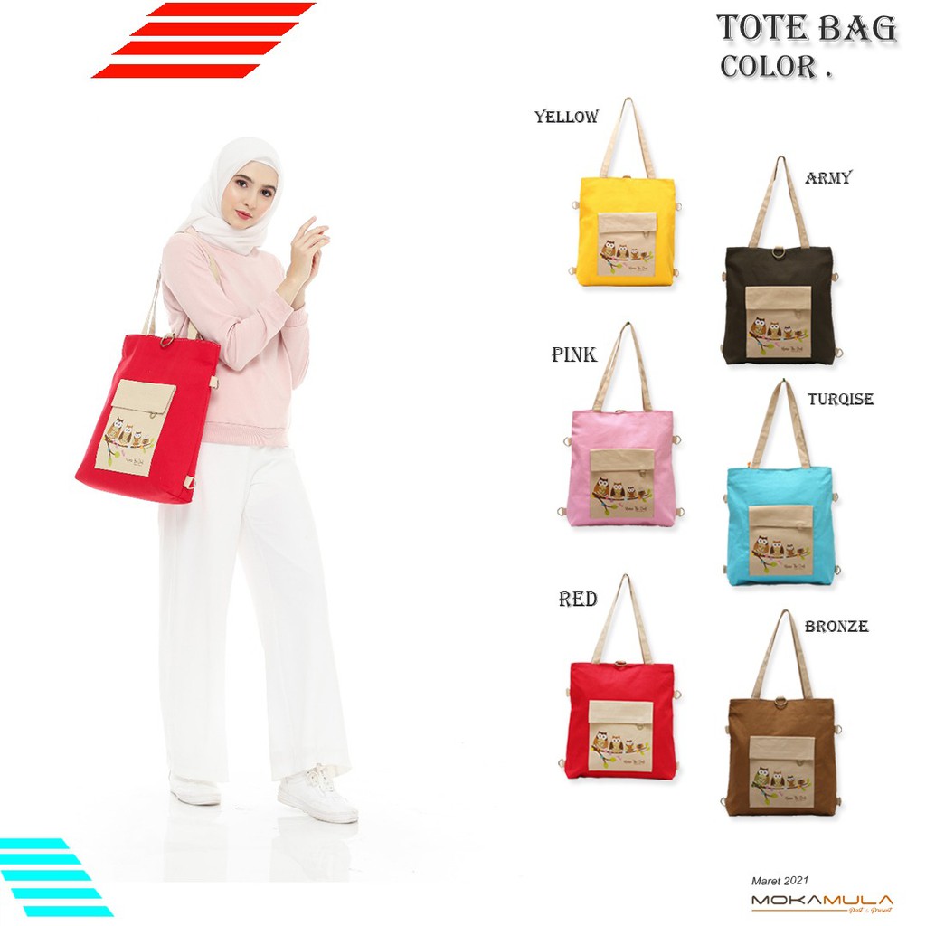 Tote Bag Wanita Kanvas Menggunakan Resleting Motif Printing - Owl Series Mokamula