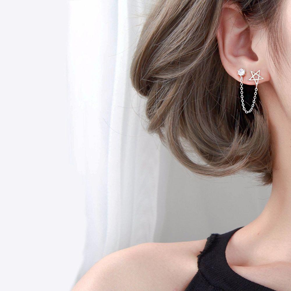 Mxbeauty Anting Rantai Telinga Geometris Sederhana Wanita Bintang Berujung Lima Tembaga Rumbai Link Perempuan Ear studs