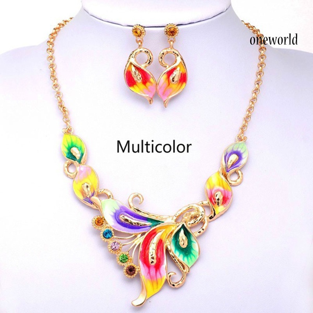 OW@ Women Enamel Flower Charm Rhinestone Stud Earrings Chain Necklace Jewelry Set