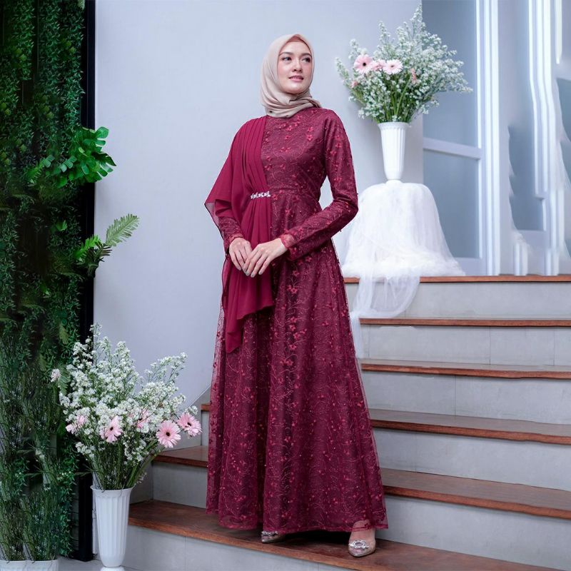 Gamis tile mutiara mewah | dress pesta mewah | gaun pesta tile
