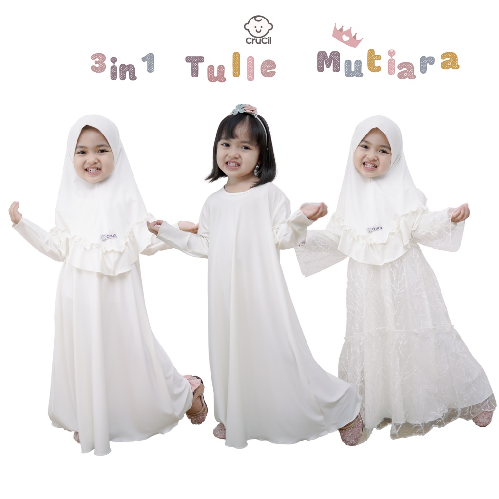 Crucil 3in1 gamis tulle mutiara Remaja (9-16y)