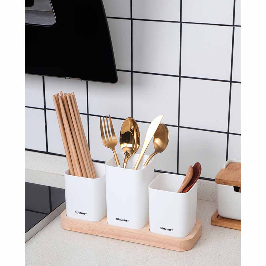 Rak Organizer Dapur Tempat Pengering Sendok Garpu Sumpit dengan Lubang Saringan Kotak Penyimpanan Aesthetic Skincare Pensil Pulpen Serbaguna Kitchen Storage