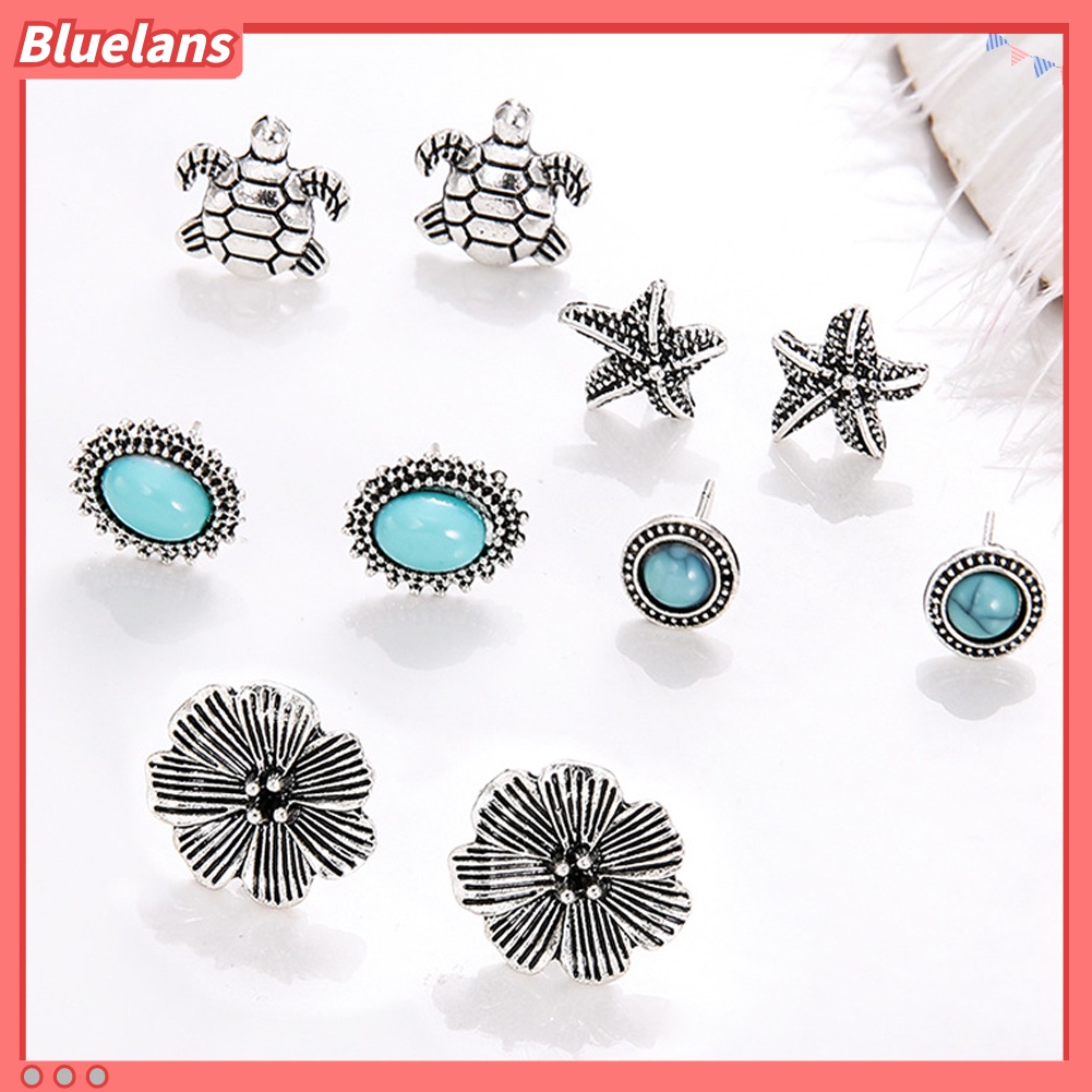 5 Pasang Anting Stud Desain Bintang Laut Kura-Kura Bunga Turquoise Buatan Gaya Boho