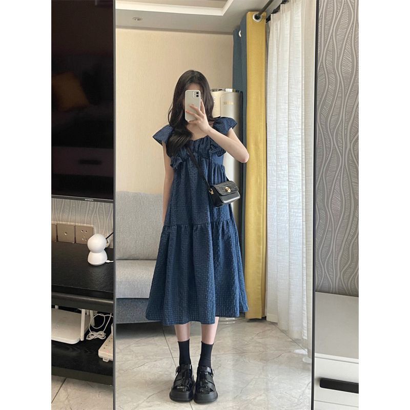 [MikanHiro Store] Dress panjang navy lengan pendek long dress navy Summer Korean style