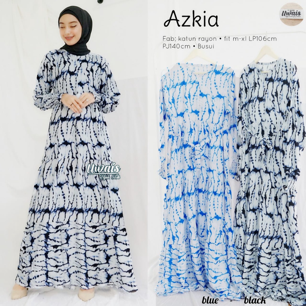TERMURAH AZKIA DRESS BY UWAIS HIJAB CLOTH/LONG DRESS KATUN RAYON MOTIF BAHAN ADEM BUSUI ADA TALI