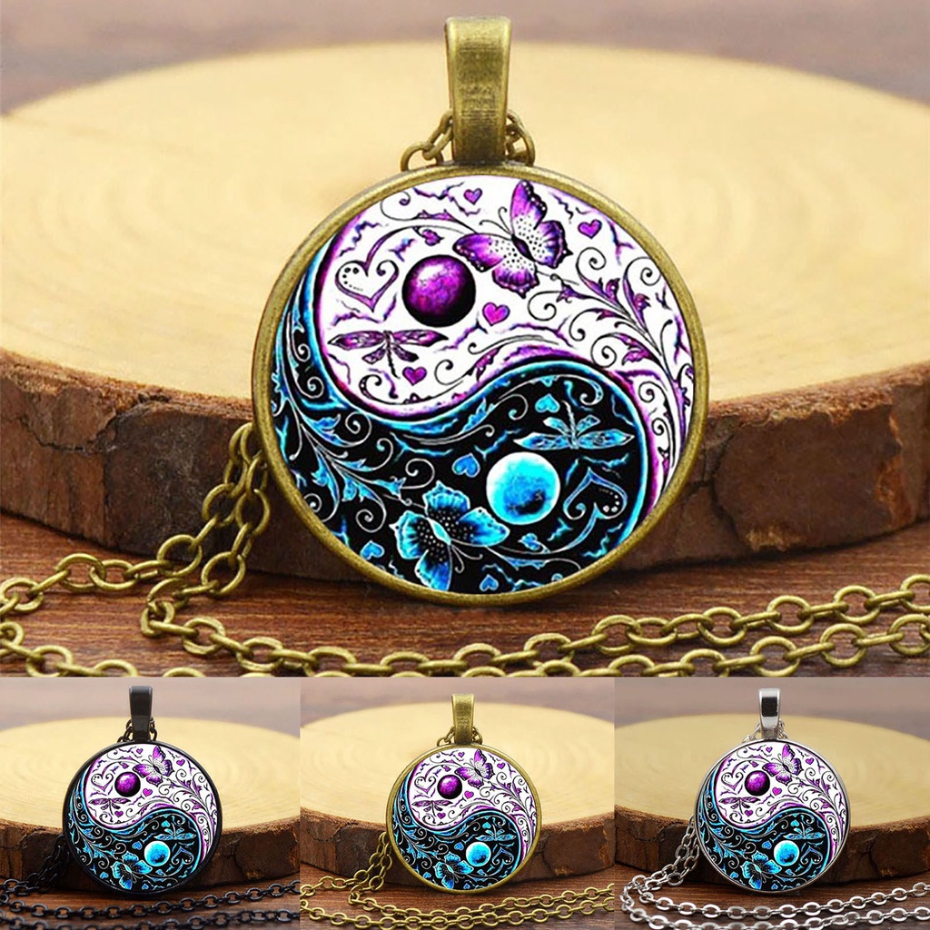 Hu Hu Hu Hu Hu Alat Bantu Pasang Kacamata♡ Kalung Liontin Tai Chi Motif Kupu-Kupu Gaya China Untuk Unisex