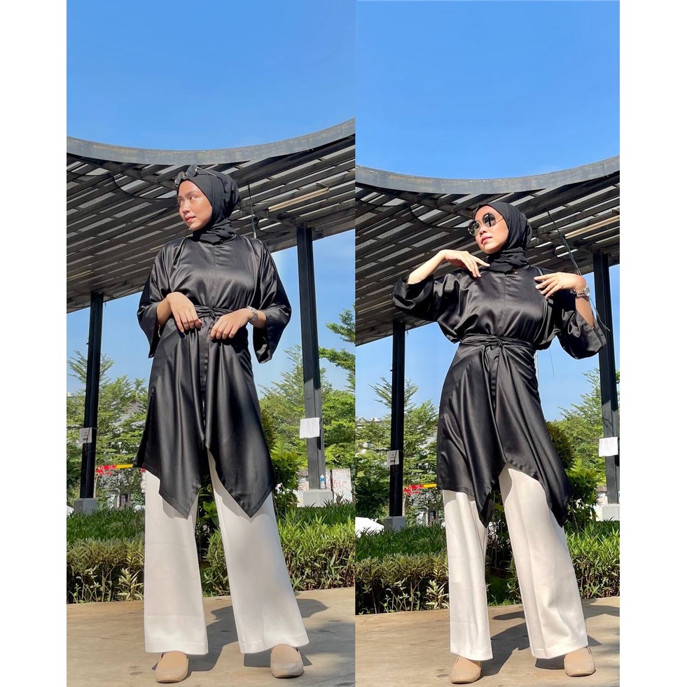 Freyya Tunik Kondangan Wanita Busui Friendly Big Size Atasan Muslim Outer Pesta Baju Satin Panjang