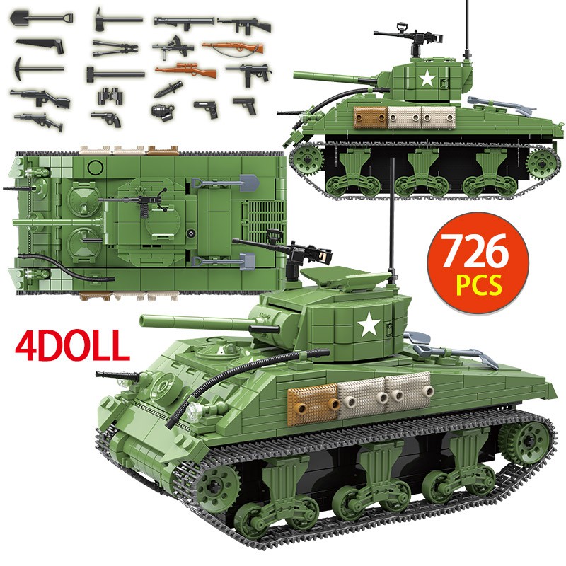 Mainan Lego 726PCS US Military Sherman M4A1 Tank Building Blocks Legoing Technic City Police WW2