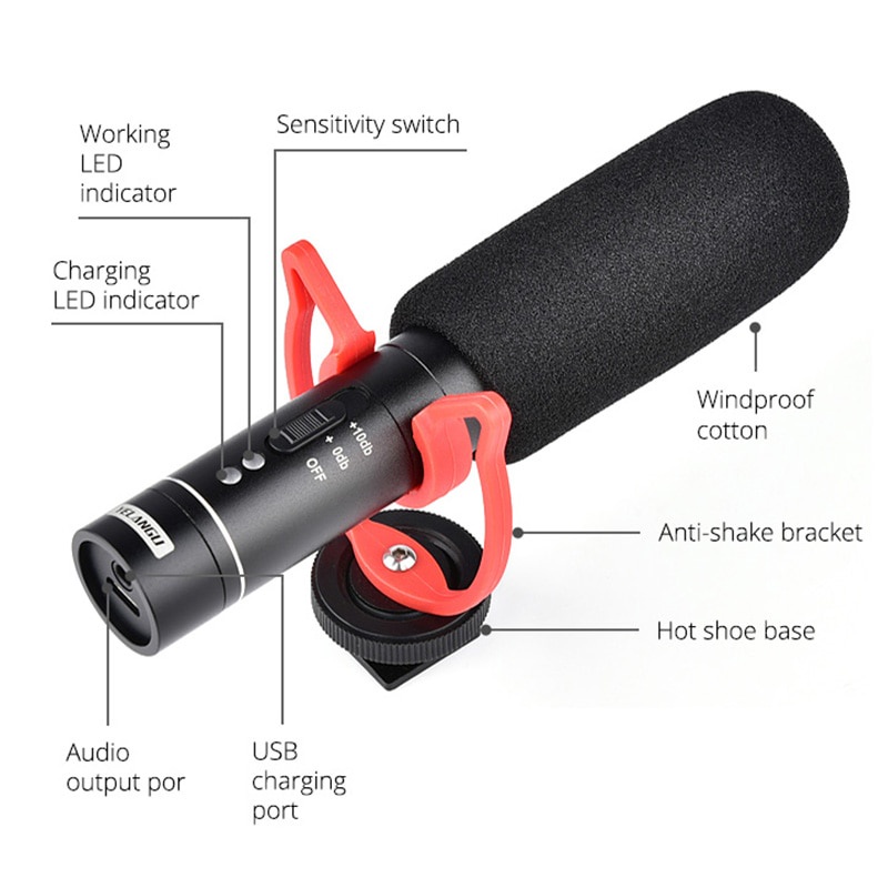 Portable Shotgun Microphone Condenser USB Rechargeable for DSLR Camcorder - MIC05 - Black