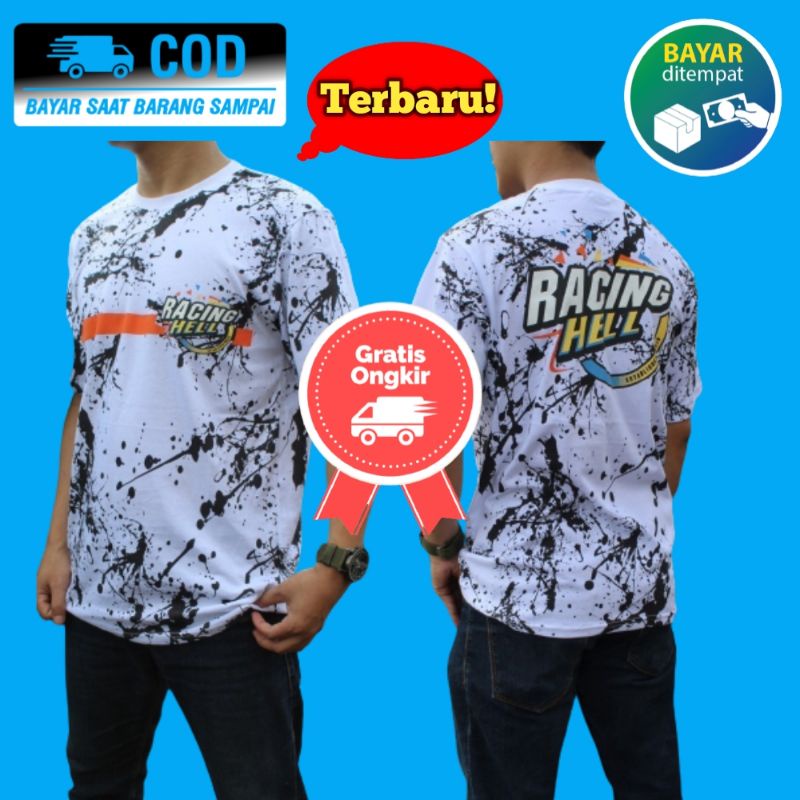 Kaos Distro Cowok Cewek Racing Hell Fullprint Tangan Pendek Putih