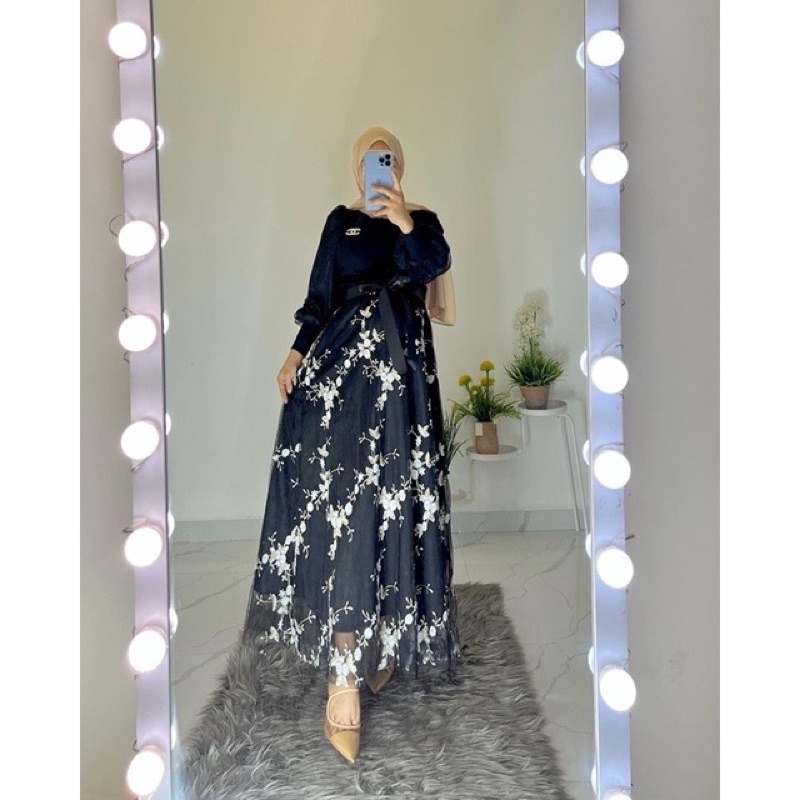 DRESS IMPORT KNIT MIX BURKAT BORDIR / RATIH DRESS CANTIK / DRESS PESTA ORI BKK / DRESS KONDANGAN / m