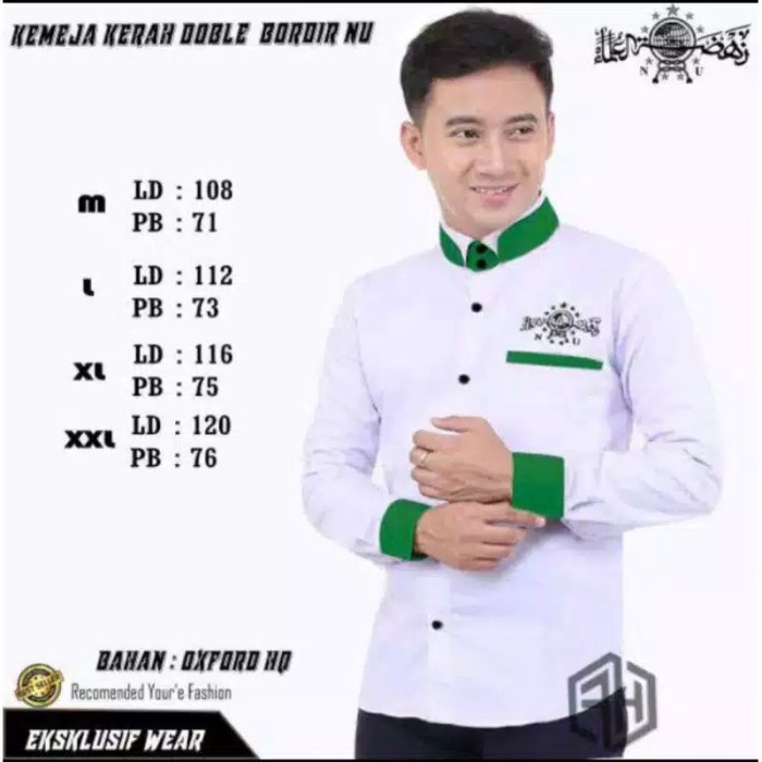 KEMEJA NU/BAJU KOKO NU/KEMKO NU/KOKO NU KERAH DOUBLE - M, putih hijau