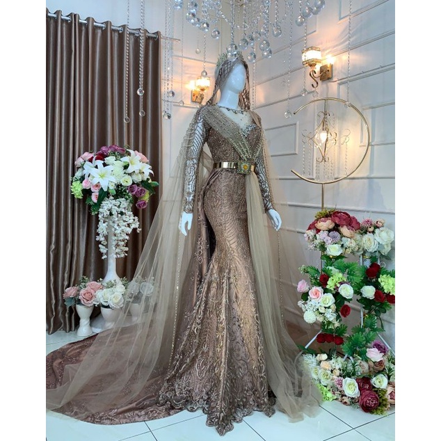 baju gaun pengantin wedding dress span full payet silver abu abu biru dongker coklat rosegold muslim muslimah hijab