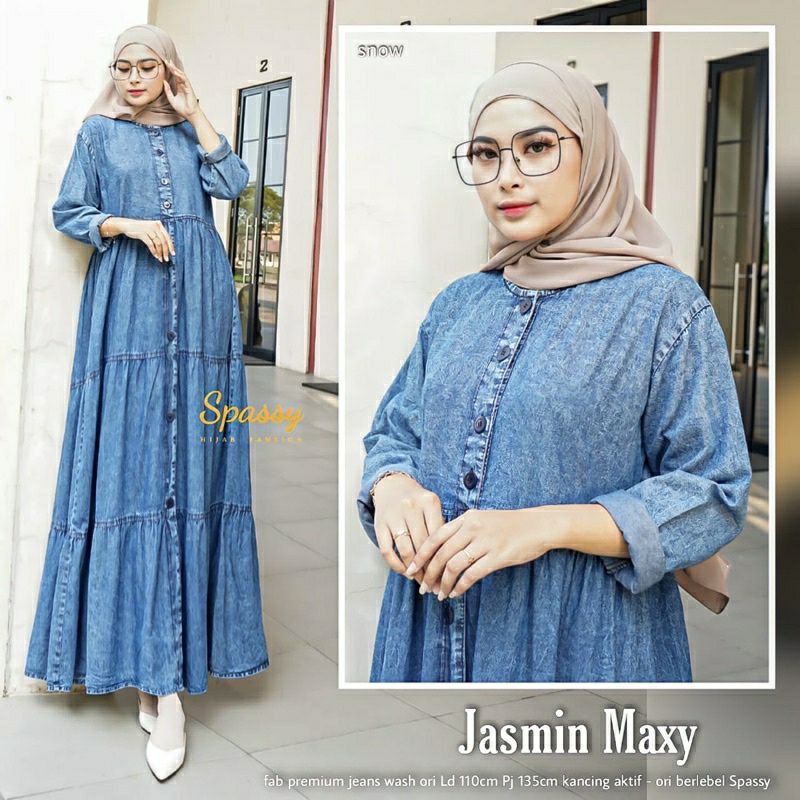 Gamis Terbaru Jumbo Wanita Jeans Jasmin Spassy Maxy Dress Kekinian Susun 3 Size Ld 100 110 120