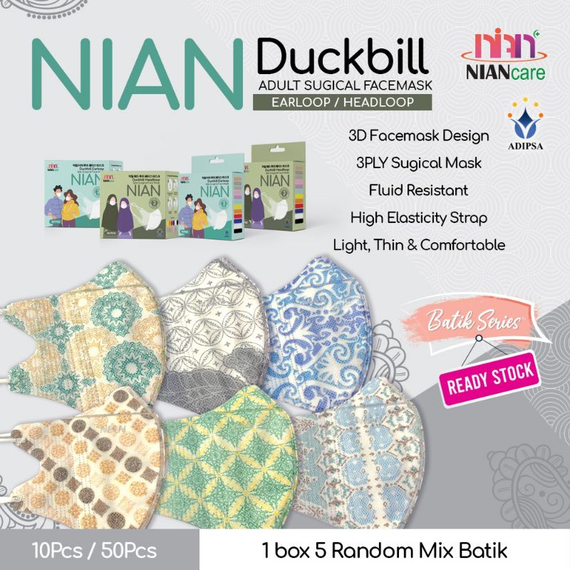 Masker Duckbill Dewasa Earloop Nian Care Mix 5 Motif Batik Isi 50 Pcs Medis 3 Ply