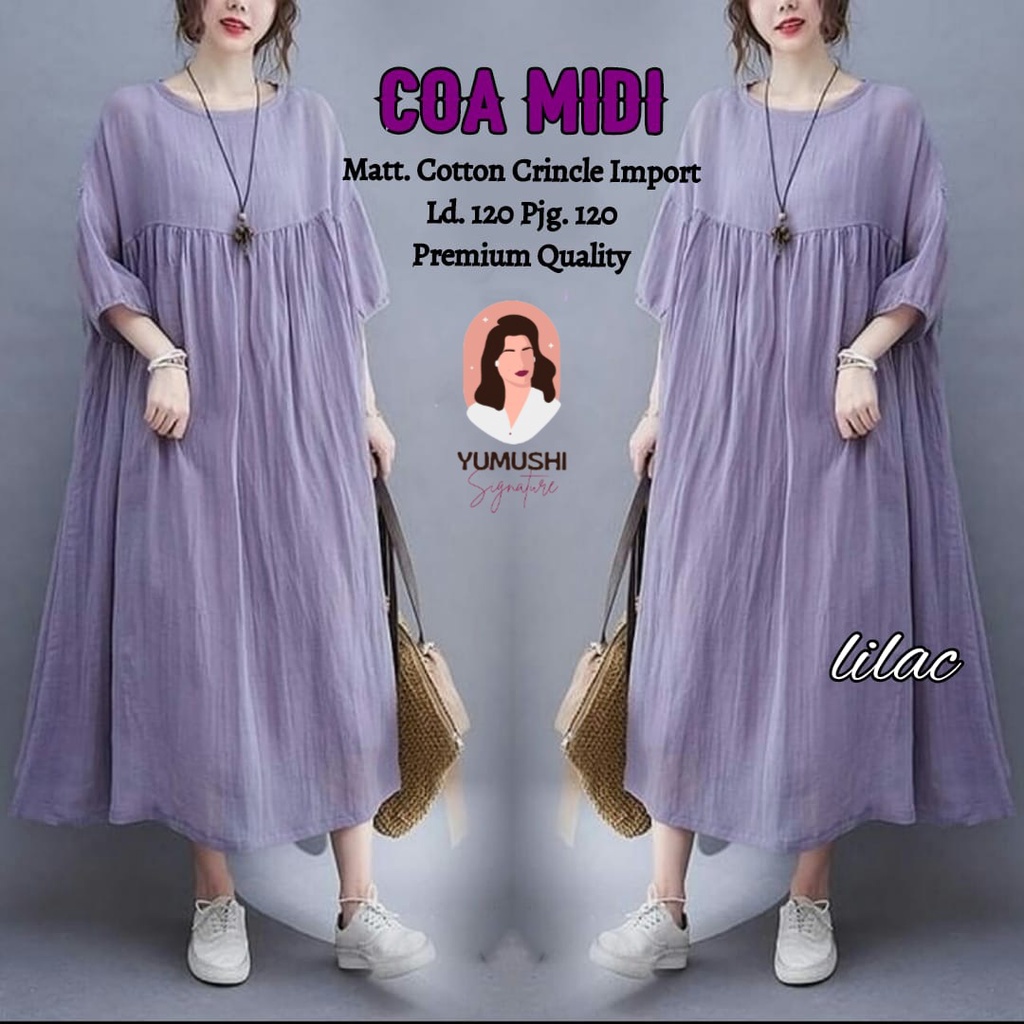 COA MIDI TERUSAN DRESS MIDI WANITA CASUAL POLOS JUMBO BAHAN CATTON CRINKLE IMPORT LD 120 CM PJ 120 C
