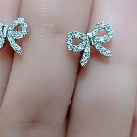 Giwang tusuk pita remaja & dewasa mata diamond putih perak asli 925/silver lapisan emas putih murni